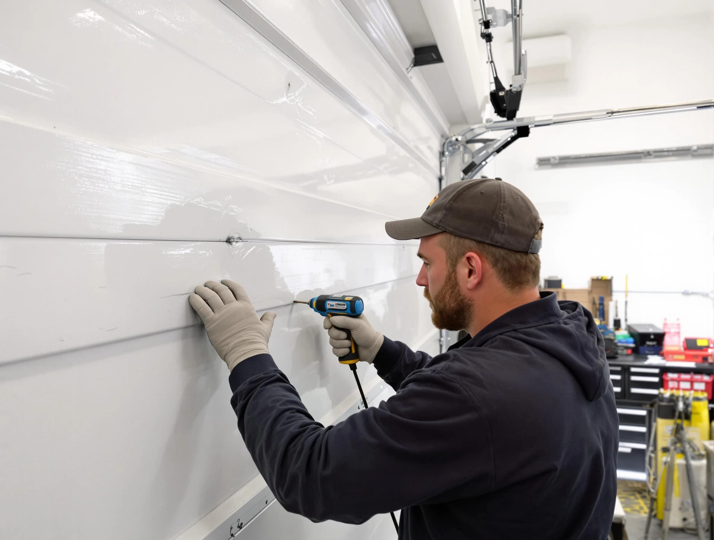 North Bergen Garage Door Repair technician demonstrating precision dent removal techniques on a North Bergen garage door